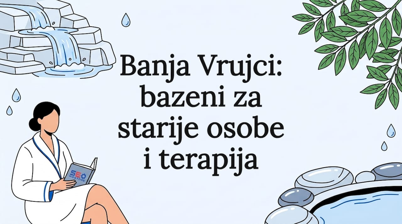 Naslovna kartica ukrašena ilustracijama spa ambijenta i prirode koje uokviruju centralni deo.