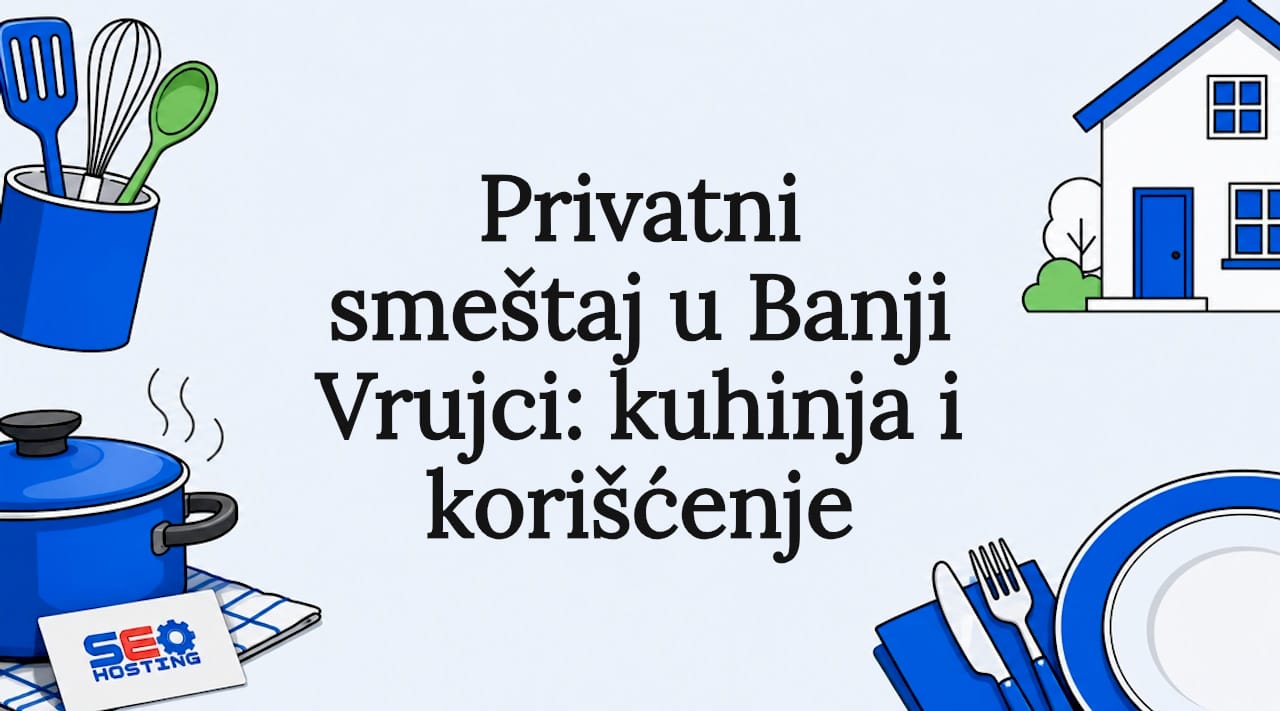 Ilustrativna naslovna kartica sa ikonama koje prikazuju kuhinju i smeštaj
